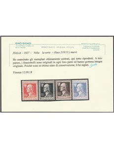 Italia  1927 - Volta la serie, con ottima centratura. Cert.: Biondi. Cat. € 340 (**)