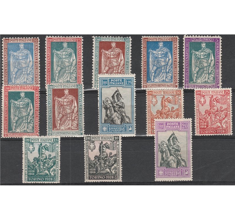 Italia 1928 - Emanuele Filiberto la serie di 13 valori. Cert.: Biondi. Cat € 1875 (**)