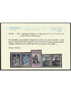Italia 1928 - Emanuele Filiberto la serie di 13 valori. Cert.: Biondi. Cat € 1875 (**)