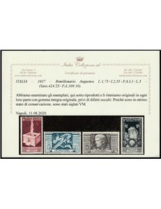Italia 1937 - Augusto la serie. Cert.: Italia Colleziona. Cat. € 900 (**)