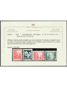 Italia 1938 - Proclamazione dell'Impero la serie. Cert.: Italia Colleziona. Cat. € 475 (**)