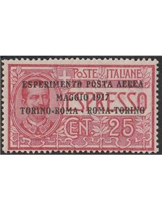 Italia 1917 - Posta Aerea Volo Torino - Roma - Torino 25 c. rosso Cat. € 90 (**)
