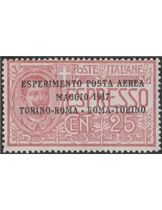 Italia 1917 - Posta Aerea Volo Torino - Roma - Torino 25 c. rosso ottimamente centrato Cat. € 270 (**)