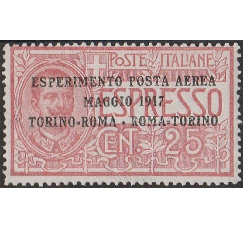 Italia 1917 - Posta Aerea Volo Torino - Roma - Torino 25 c. rosso ottimamente centrato Cat. € 270 (**)