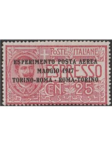 Italia 1917 - Posta Aerea Volo Torino - Roma - Torino 25 c. rosso Cat. € 90 (**)
