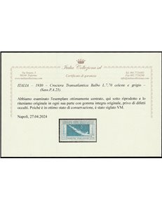Italia 1930 - Posta Aerea Crociera Transatlantica L. 7,70 celeste grigio, ottimamente centrato  Cat. € 1625 (**)