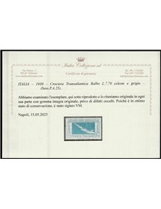 Italia 1930 -Posta Aerea Crociera Transatlantica balbo L. 7,70 celeste grigio Cert.: Italia Colleziona. Cat. € 1300 (**)