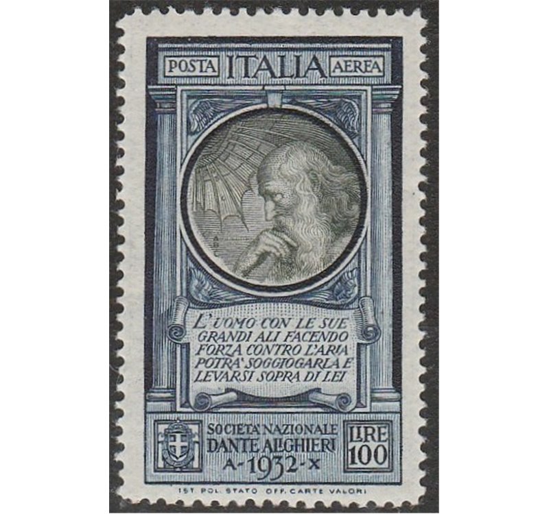 Italia 1932 - Posta Aerea Dante Alighieri L. 100 Azzurro e oliva Cat. € 165 (**)