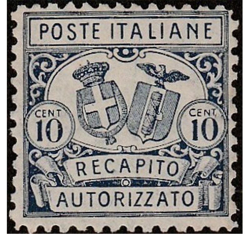 Italia 1928 - Recapito Autorizzato Stemmi in ovale 10 c. azzurro dent. 11 Cat. € 225 (**)