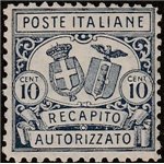 Italia 1928 - Recapito Autorizzato Stemmi in ovale 10 c. azzurro dent. 11 Cat. € 225 (**)
