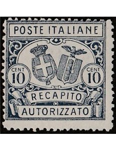 Italia 1928 - Recapito Autorizzato Stemmi in ovale 10 c. azzurro dent. 14 Cat. € 50 (**)