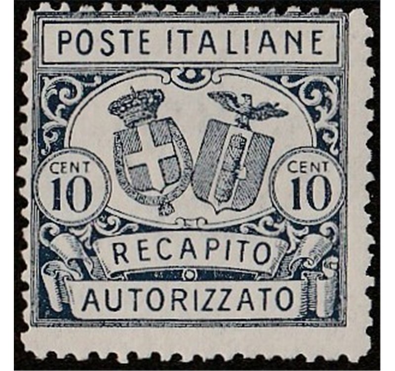 Italia 1928 - Recapito Autorizzato Stemmi in ovale 10 c. azzurro dent. 14 Cat. € 50 (**)