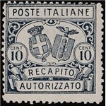 Italia 1928 - Recapito Autorizzato Stemmi in ovale 10 c. azzurro dent. 14 Cat. € 50 (**)