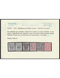 Italia 1924 - Segnatasse per Vaglia, la serie. Cert.: Biondi. Cat. € 1250 (**)