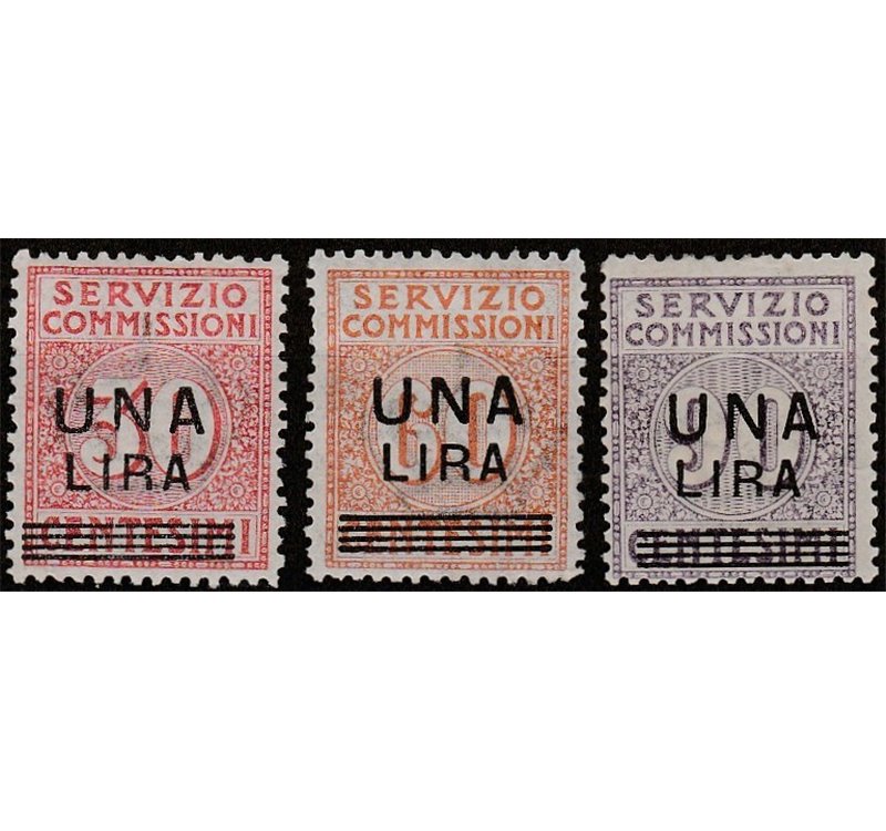 Italia 1923 - Servizio commissioni  Serie del 1913 con sovrastampa "UNA LIRA" e sbarrette Cat. € 850 (**)
