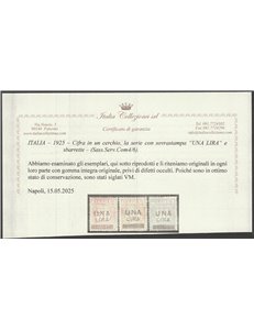Italia 1923 - Servizio commissioni  Serie del 1913 con sovrastampa "UNA LIRA" e sbarrette Cat. € 850 (**)