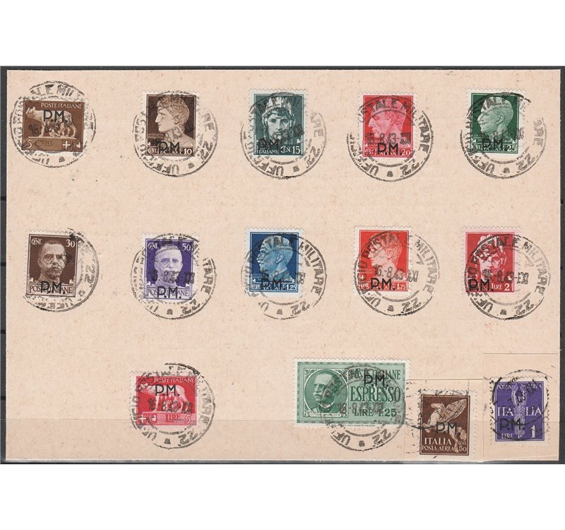 Italia 1942 - Imperiale con sovr. "PM", la serie su frammenti con annulli originali di "Posta Militare 10" Cat. € 400 (U)