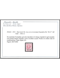 Italia 1921 - Tipo Leoni 10 c. rosa con sovrastampa "B.L.P." del I tipo  Cat. € 3600 (**)