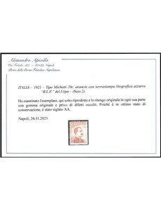Italia 1921 - Tipo Michetti 20 c. arancio con sovrastampa "B.L.P." del I tipo Cat. € 2500 (*)