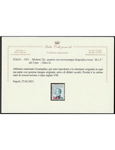 Italia 1921 - Michetti 25 c. azzurro con sovrastampa litografica "B.L.P." del I tipo Cat. € 1400 (**)