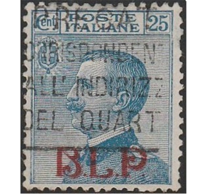 Italia 1921 - B.L.P. Michetti 25 c. azzurro con sovr. "BLP" rossa del I tipo Cert.: Italia Colleziona. Cat. € 450 (U)