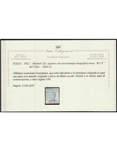 Italia 1921 - B.L.P. Michetti 25 c. azzurro con sovr. "BLP" rossa del I tipo Cert.: Italia Colleziona. Cat. € 450 (U)