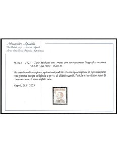 Italia 1921 - B.L.P. tipo Michetti 40 c. bruno con sovrastampa "BLP" del I tipo Cat. € 550 (**)