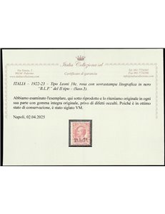 Italia 1922-23 - B.L.P. tipo Leoni 10 c. rosa con sovrastampa litografica "BLP" del II tipo Cat. € 650 (**)