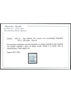 Italia 1922-23 - B.L.P. tipo Michetti 25 c. azzurro con sovrastampa litografica "BLP" del II tipo Cat. € 250 (U)