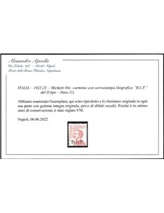 Italia 1922-23 B.L.P. tipo Michetti 60 c. carminio con sovrastampa Litografica "BLP" del II tipo Cat. € 7500 (**)