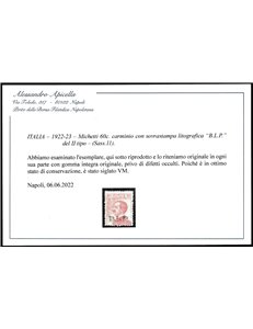 Italia 1922-23 B.L.P. tipo Michetti 60 c. carminio con sovrastampa Litografica "BLP" del II tipo Cat. € 7500 (**)