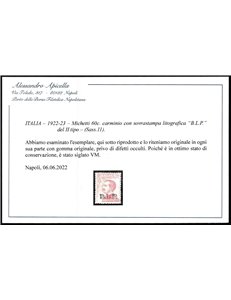 Italia 1922-23 B.L.P. tipo Michetti 60 c. carminio con sovrastampa Litografica "BLP" del II tipo Cat. € 3750 (*)