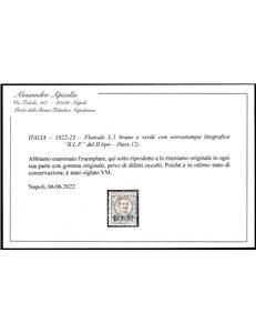 Italia 1922-23 - Floreale L. 1 bruno e verde con sovrastampa litografica "BLP" del II tipo Cat. € 6500 (*)