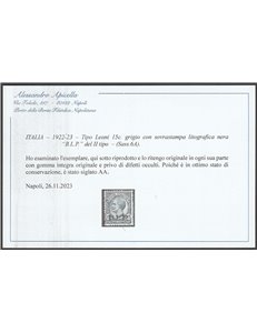 Italia 1922-23 - B.L.P. tipo Leoni 15 c. grigio con sovrastampa Litografica nera "BLP" del II tipo Cat. € 14000 (**)
