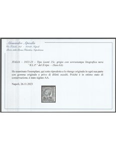 Italia 1922-23 - B.L.P. tipo Leoni 15 c. grigio con sovrastampa Litografica nera "BLP" del II tipo Cat. € 7000 (*)