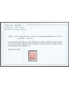 Italia 1923 -B.L.P.  Tipo Leoni 10 c. rosa con sovrastampa "BLP" del III tipo Cat. € 400 (**)