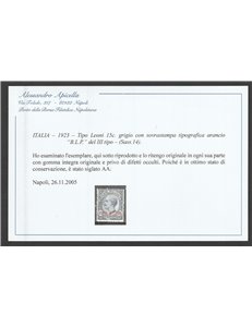 Italia 1923 -B.L.P.  Tipo Leoni 15 . grigio con sovrastampa "BLP" del III tipo Cat, € 1375 (**)