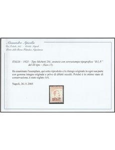 Italia 1923 -B.L.P. tipo Michetti 20 c. arancio con sovrastampa "BLP" del III tipo Cat. € 1625 (**)