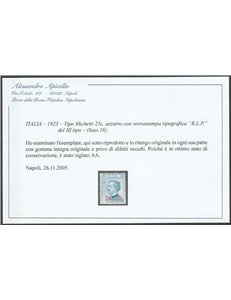 Italia 1923 - B.L.P. tipo Michetti 25 c. azzurro con sovrastampa "BLP" del III tipo Cat. € 1375 (**)