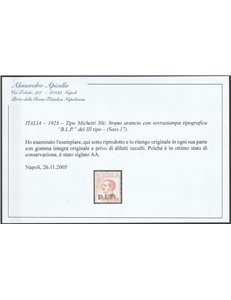 Italia 1923 - B.L.P. tipo Michetti 30 c. bruno arancio con sovrastampa "BLP" del III tipo Cat. € 875 (**)