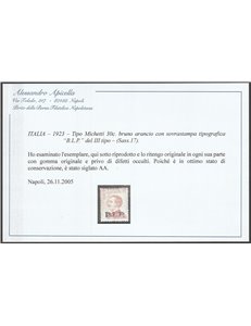 Italia 1923 - B.L.P. tipo Michetti 30 c. bruno arancio con sovrastampa "BLP" del III tipo Cat. € 350 (*)