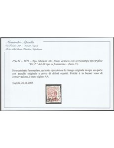 Italia 1923 - B.L.P. 30 c. bruno arancio con sovrastampa tipografica "BLP" del III tipo Cat. € 450 (U)