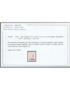 Italia 1923 - B.L.P. tipo Michetti 85 c. Bruno Rosso con sovrastampa "BLP" del III tipo Cat. € 1375 (**)