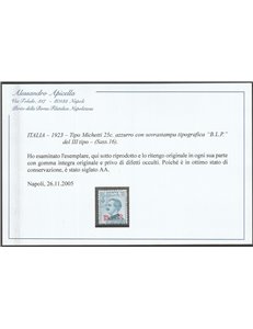 Italia 1923 - B.L.P.  Tipo Michetti 25 c. azzurro con sovrastampa "BLP" del III tipo Cat. € 1375 (**)