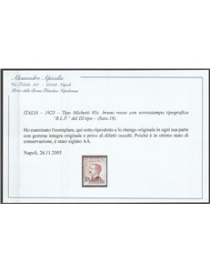 Italia 1923 - B.L.P. tipo Michetti 85 c. bruno rosso con sovrastampa "BLP" del III tipo  Cat. € 1375 (**)