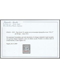 Italia 1923 - B.L.P. tipo Leoni 15 c. grigio con sovrastampa tipografica rossa "BLP" del III tipo Cat. € 1750 (**)