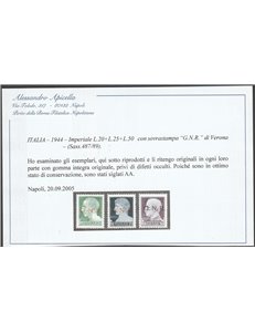 Italia 1944 - Repubblica Sociale Imperiale, la serie con sovrastampa "G.N.R." di Verona. Cat. € 7000 (**)