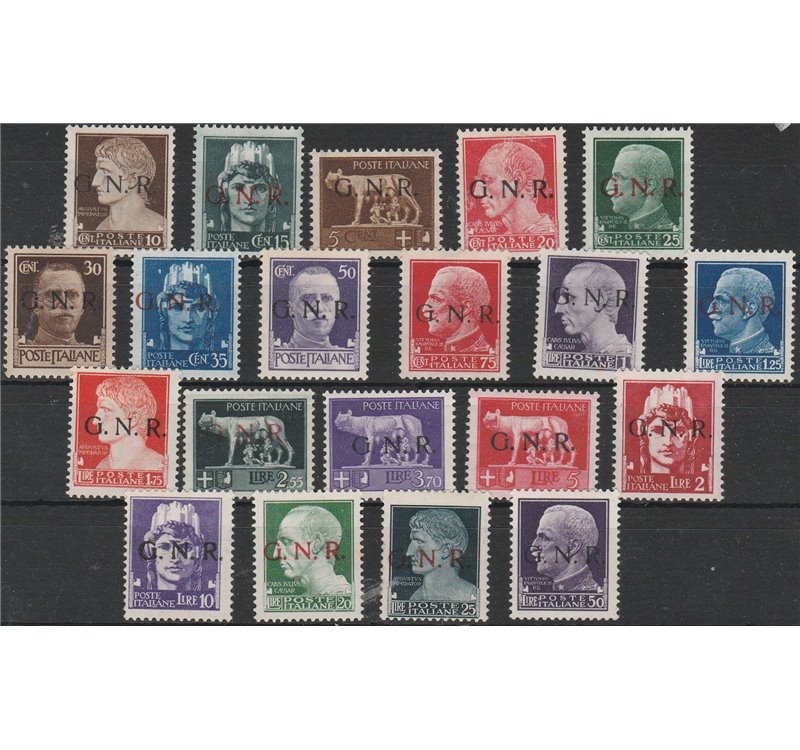 Italia 1944 - Repubblica Sociale Imperiale, la serie con sovrastampa "G.N.R." di Verona. Cat. € 3500 (*)