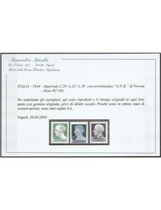 Italia 1944 - Repubblica Sociale Imperiale, la serie con sovrastampa "G.N.R." di Verona. Cat. € 3500 (*)
