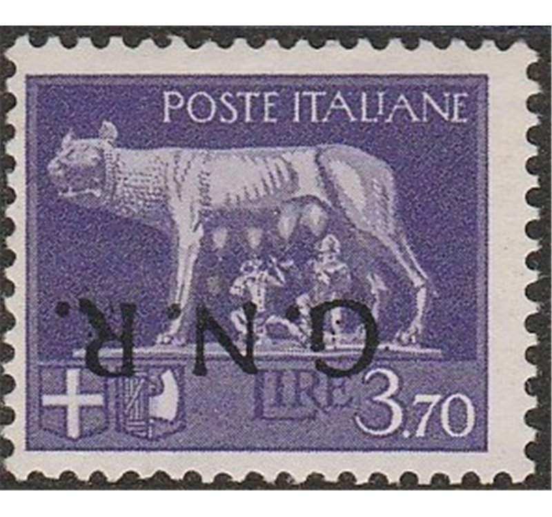 Italia 1944 - Repubblica Sociale Imperiale L. 3,70 Violetto con sovrastampa "G.N.R." di Verona, Capovolta. Cat. € 500 (**)